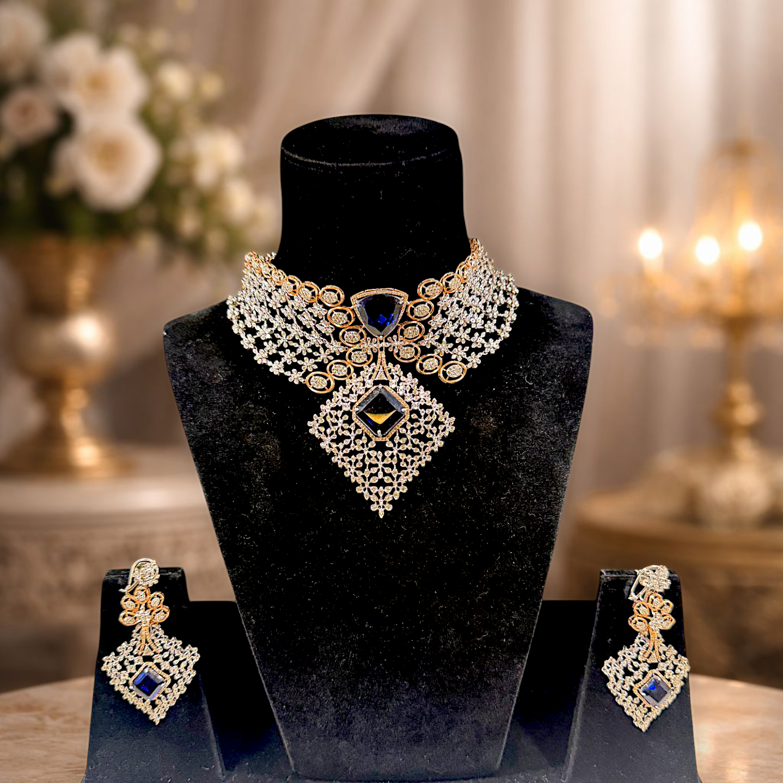 Diamond-Finish Choker Set with Blue Stone Accents